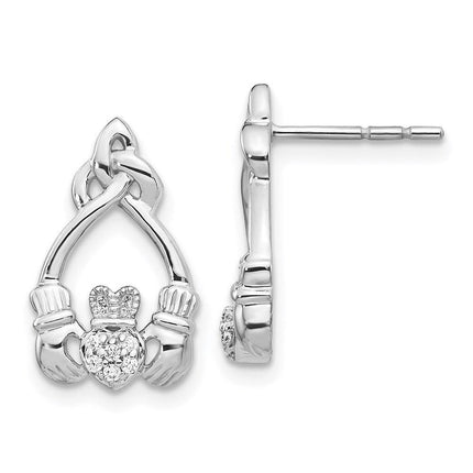 14k White Gold Diamond Claddagh Post Earrings ,