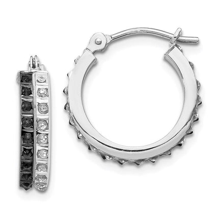 14k White Gold Diamond Fascination B & W Diamond Round Hinged Hoop Earrings ,
