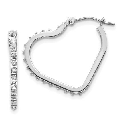 14k White Gold Diamond Fascination Heart Hinged Hoop Earrings ,