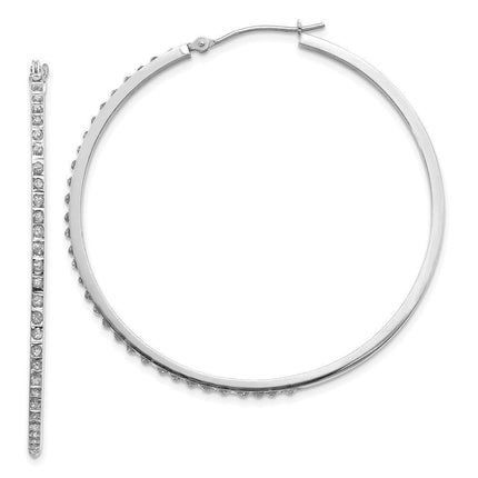 14k White Gold Diamond Fascination Lg Round Hinged Hoop Earrings ,