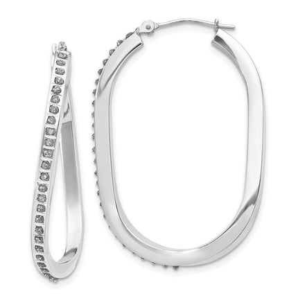 14k White Gold Diamond Fascination Oval Twist Hinged Hoop Earrings ,