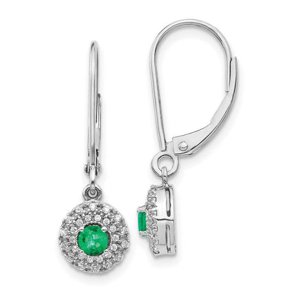 14k White Gold Diamond Halo Emerald Leverback Dangle Earrings ,