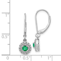 14k White Gold Diamond Halo Emerald Leverback Dangle Earrings ,
