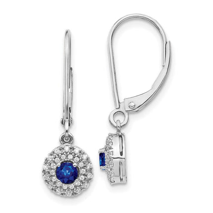 14k White Gold Diamond Halo Sapphire Leverback Dangle Earrings ,