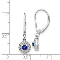 14k White Gold Diamond Halo Sapphire Leverback Dangle Earrings ,