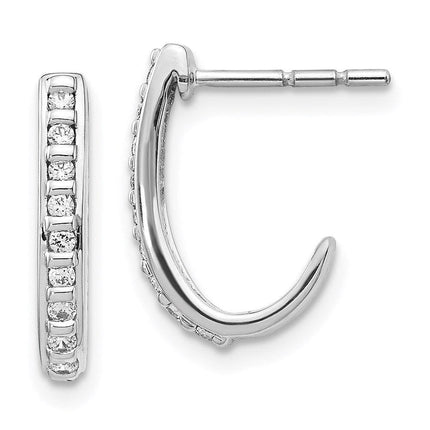 14K White Gold Diamond J-Hoop Post Earrings ,