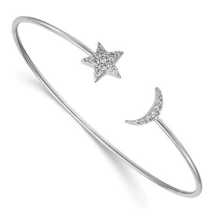 14k White Gold Diamond Moon & Star Flexible Bangle ,