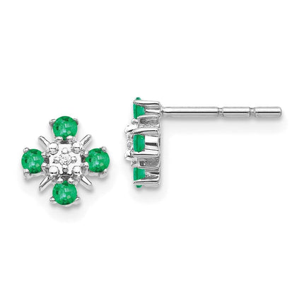 14k White Gold Emerald & Diamond Post Earrings ,