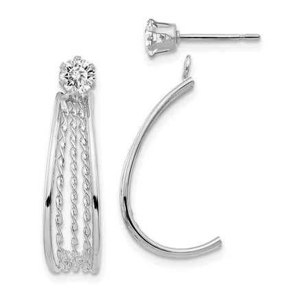 14K White Gold J Hoop Polished w/CZ Stud Earrings ,