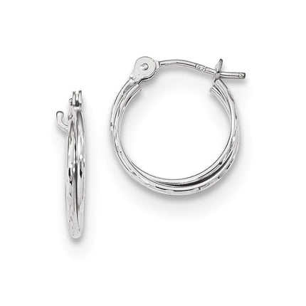 14k White Gold Polished Diamond Cut Double Hoops ,