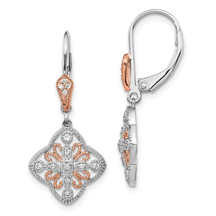 14K White Gold w/Rose Rhodium Diamond Leverback Earrings ,