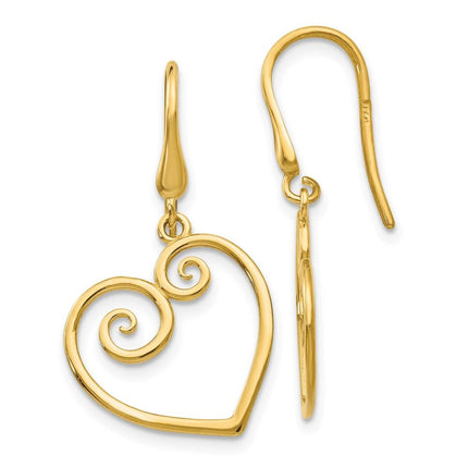 14K Yellow Gold Heart Dangle Shepherd Hook Earrings ,