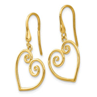 14K Yellow Gold Heart Dangle Shepherd Hook Earrings ,