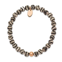 Stainless Steel Polished Rose IP Black and White Agate Stretch Bracelet ,