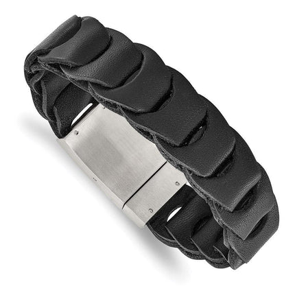 Stainless Steel Brushed Black Leather Bracelet ,
