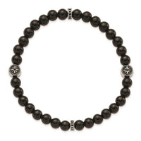 Stainless Steel Antiqued & Polished Black Agate Beaded Stretch Bracelet ,