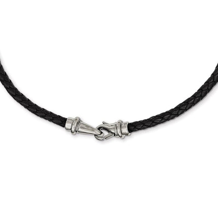 Stainless Steel Polished Woven Black Leather Necklace ,
