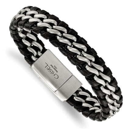 Stainless Steel Brushed Black Leather Bracelet ,