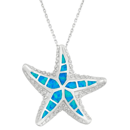 Sterling Silver Blue Inlay Opal Starfish Pendant ,