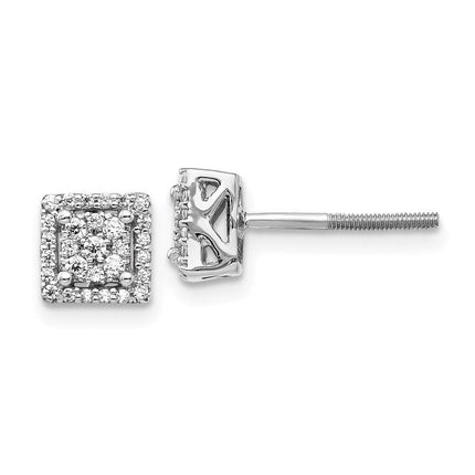 14k White Gold Diamond Square Screw Back Post Earrings ,