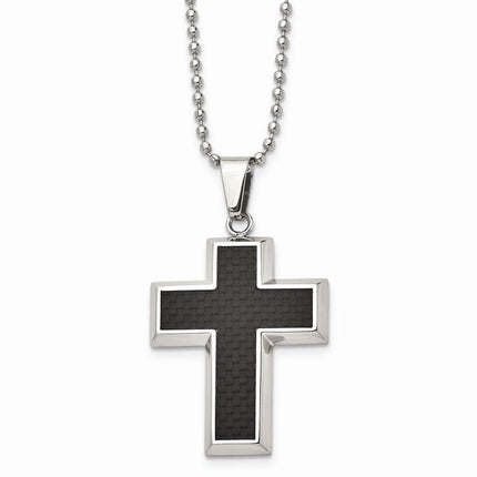 Stainless Steel Polished w/Carbon Fiber Inlay Cross 22in Necklace ,
