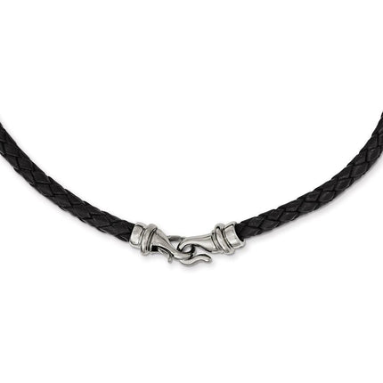 Stainless Steel Polished Woven Black Leather Necklace ,