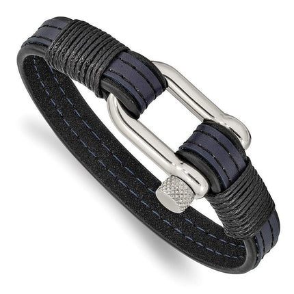 Stainless Steel Polished Black & Blue Leather 8.25in Shackle Bracelet ,