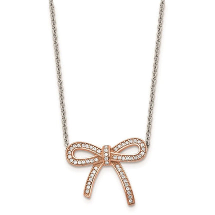 Stainless Steel Crystal Polished Pink IP plated Bow with 1.75in ext. Neckl ,