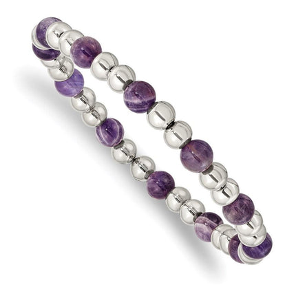 Stainless Steel Polished Purple Zebra Amethyst Beaded Stretch Bracelet ,
