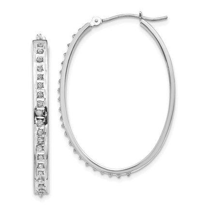 14k White Gold Diamond Fascination Oval Hinged Hoop Earrings ,