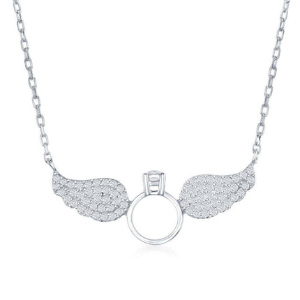 Sterling Silver Angel Wings with Center Engagement Ring Necklace ,