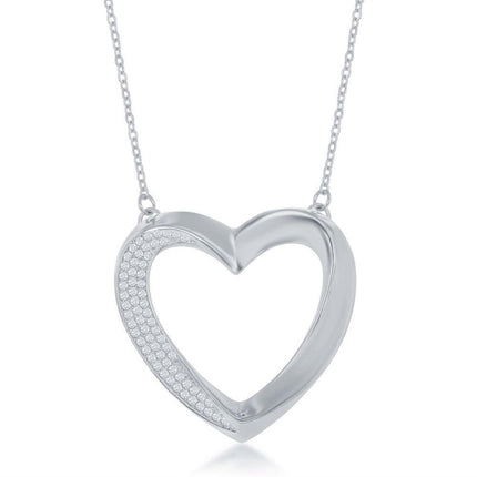Sterling Silver Half Micro Pave Twisted Open Heart Necklace ,