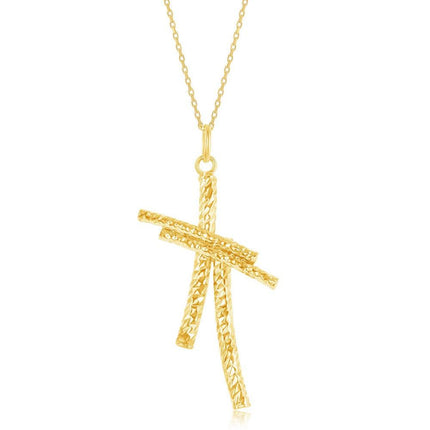 Sterling Silver Gold Plated Diamond-Cut Double Cross Pendant ,