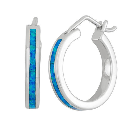 Sterling Silver Blue Inlay Opal Hoop Earrings ,
