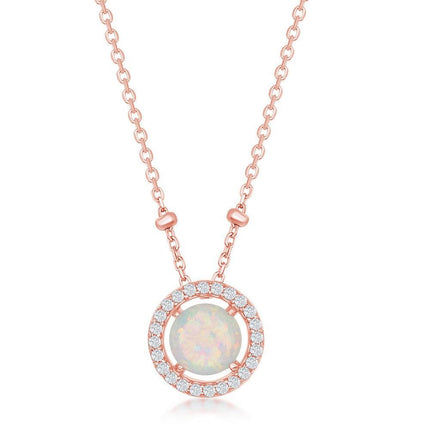 Sterling Silver Round White Opal with CZ Halo Beads Necklace ,