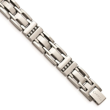 Stainless Steel Brushed and Polished Black CZ Link Bracelet ,