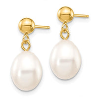 14k 7-8mm White Rice Freshwater Cultured Pearl Dangle Post Earrings ,
