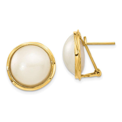 14k 14-15mm White Freshwater Cultured Mabe Pearl Omega Back Earrings ,
