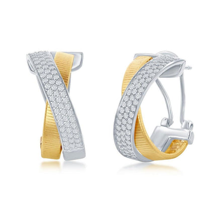 Sterling Silver Bonded with 14K Gold CZ Earrings ,