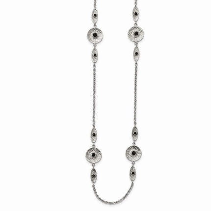 Stainless Steel Polished/Textured Black Onyx w/2in ext. Necklace ,