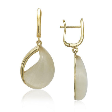 Sterling Silver GP Nude Yellow Cat's Eye Teardrop Earrings ,