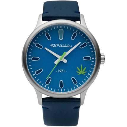 420Waldos Men's Watch - Bud Quartz Steel Case Dark Blue Genuine Leather Strap | W1005 ,