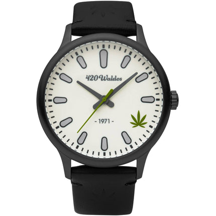 420Waldos Men's Watch - Bud Quartz Steel Case Ivory Dial Black Leather Strap | W1009 ,