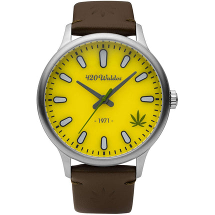 420Waldos Men's Watch - Bud Quartz Steel Case Yellow Dial Dark Brown Strap | W1010 ,