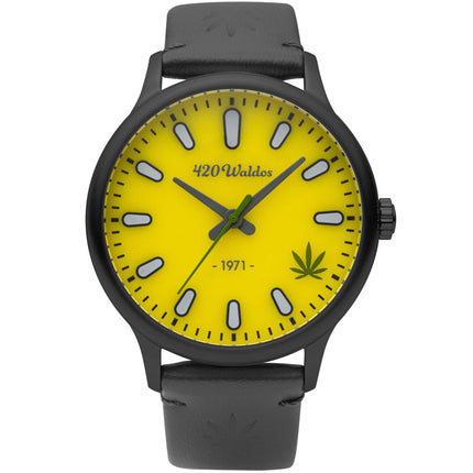 420Waldos Men's Watch - Bud Quartz Steel Case Yellow Dial Grey Leather Strap | W1012 ,