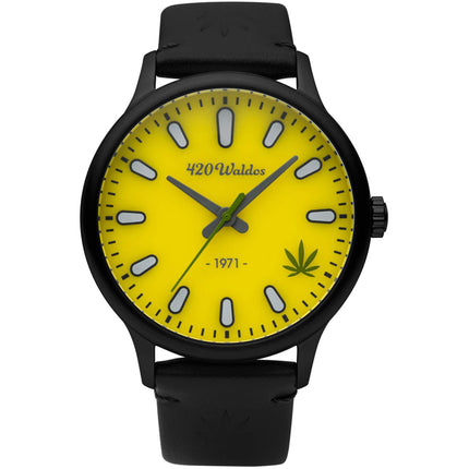 420Waldos Men's Watch - Bud Quartz Yellow Dial Black Genuine Leather Strap | W1011 ,