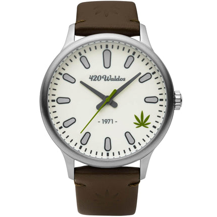 420Waldos Men's Watch - Bud Stainless Steel Case Ivory Dial Dark Brown Strap | W1007 ,