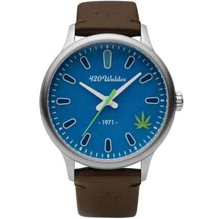 420Waldos Men's Watch - Bud Steel Case Blue Dial Dark Brown Leather Strap | W1004 ,