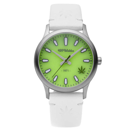 420Waldos Women's Quartz Watch - Mary Jane Green Dial White Leather Strap | W2017 ,