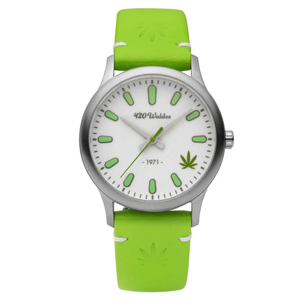 420Waldos Women's Quartz Watch - Mary Jane White Dial Green Leather Strap | W2007 ,